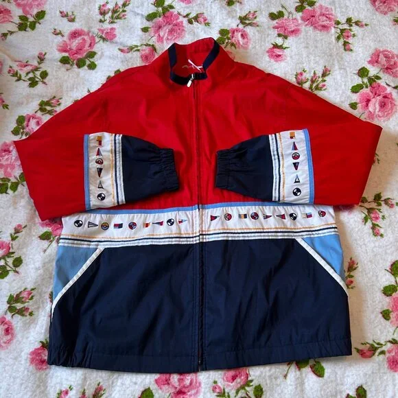 1990s retro color blocked embroidered drop sleeve windbreaker with boat flags - - Picture 12 of 13